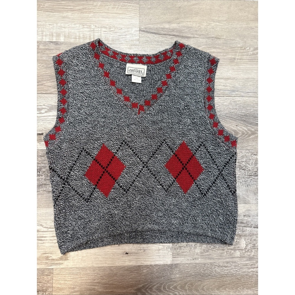 Vintage 90s Croquet Club Womens L Grey Argyle Knit‎ Cropped Sweater Vest Preppy